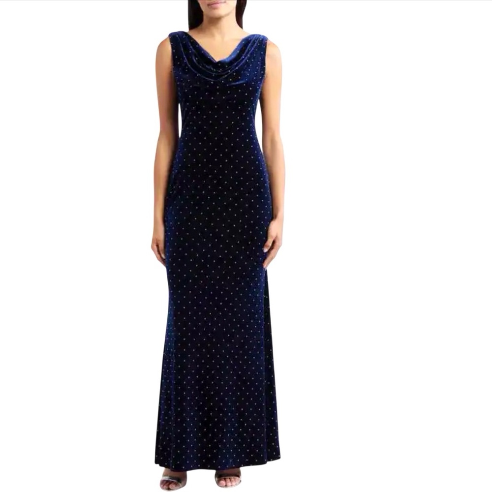 Eliza J Navy Velvet Cowl Neck Gown with Rhinestones
